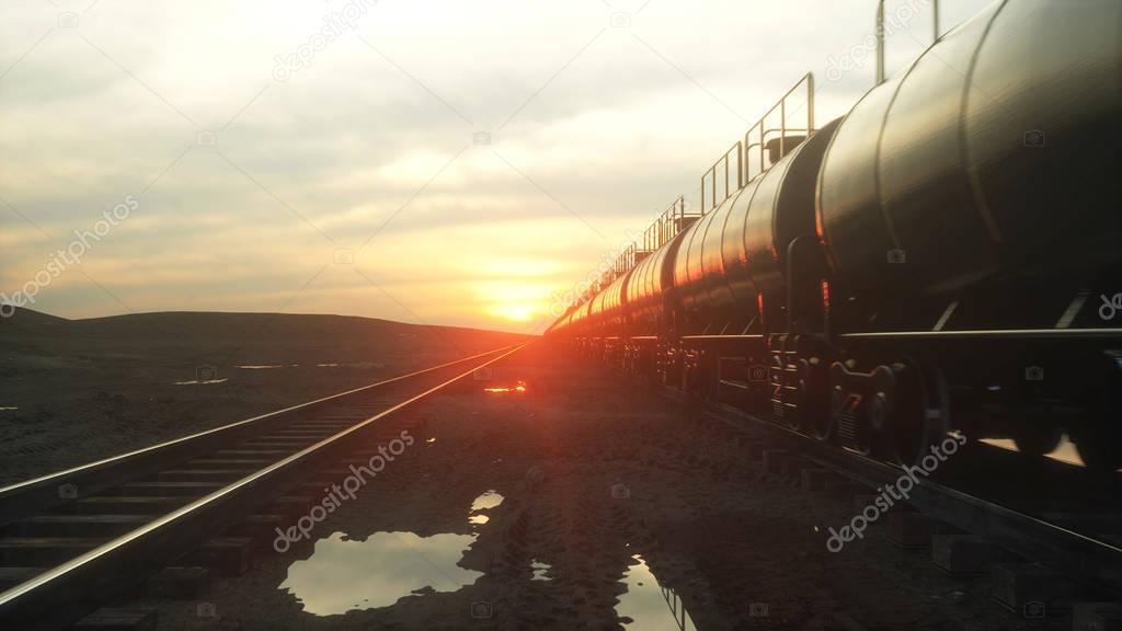 Freight train oil tankers. Against Sunrise. 3d rendering.