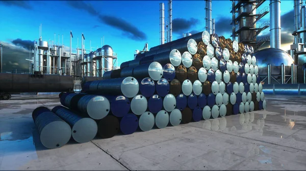 Barriles de petróleo cerca de la planta de gasolina, refinería. renderizado 3d . —  Fotos de Stock