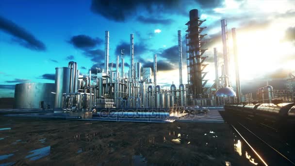 НПЗ. Нафтовий, хімічний завод. Металева труба. Реалістична кінематографічна анімація 4k . — стокове відео