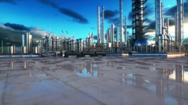 Rafineri. Petrol, kimya fabrikası. Metal boru. Gerçekçi sinema 4k animasyon.