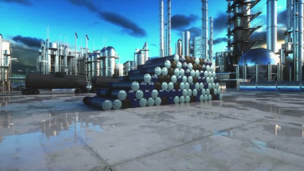 Barils de pétrole près de l'usine d'essence, raffinerie. Animation cinématographique réaliste 4k . — Video