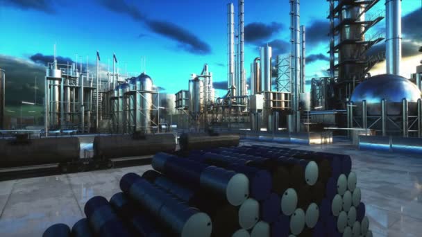 Barils de pétrole près de l'usine d'essence, raffinerie. Animation cinématographique réaliste 4k . — Video