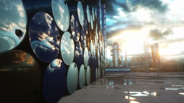 Barriles de petróleo cerca de la planta de gasolina, refinería. Animación realista cinemática 4k . — Vídeos de Stock