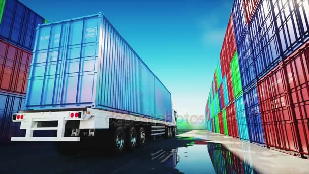 Truck in container depot, wharehouse, seaport. Cargo containers. Logistic and business concept. Realistic 4k animation. — Stock Video