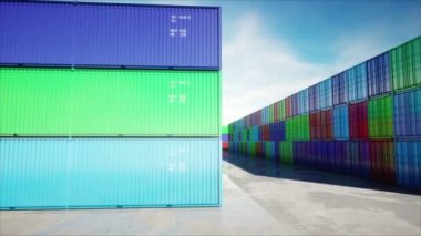 Konteyner deposu, wharehouse, liman. Aeril görünümü. Kargo konteyner. Lojistik ve iş kavramı. Gerçekçi 4 k animasyon.
