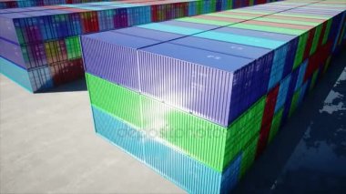Konteyner deposu, wharehouse, liman. Aeril görünümü. Kargo konteyner. Lojistik ve iş kavramı. Gerçekçi 4 k animasyon.