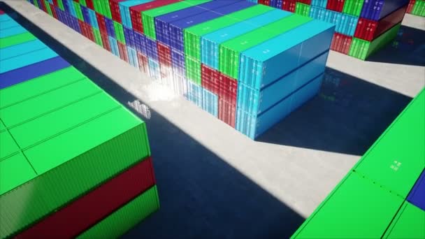 Контейнерное депо, склад, морской порт. Вид с воздуха. Грузовые контейнеры. Логистическая и деловая концепция. Реалистичная анимация 4k . — стоковое видео