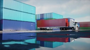 Konteyner deposu, wharehouse, liman. Aeril görünümü. Kargo konteyner. Lojistik ve iş kavramı. Gerçekçi 4 k animasyon.