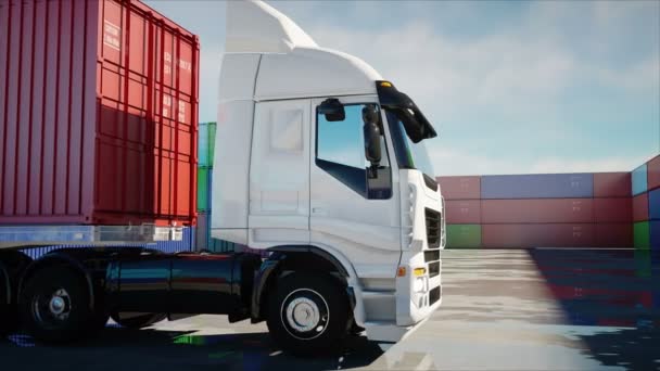 Vrachtwagen in de container depot, wharehouse, zeehaven. Cargo containers. Logistieke en business concept. Realistische 4 k-animatie. — Stockvideo