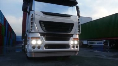 Konteyner deposu, wharehouse, seaport kamyonda. Kargo konteyner. Lojistik ve iş kavramı. Gerçekçi 4 k animasyon.