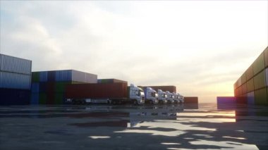 Konteyner deposu, wharehouse, seaport kamyonda. Kargo konteyner. Lojistik ve iş kavramı. Gerçekçi 4 k animasyon.