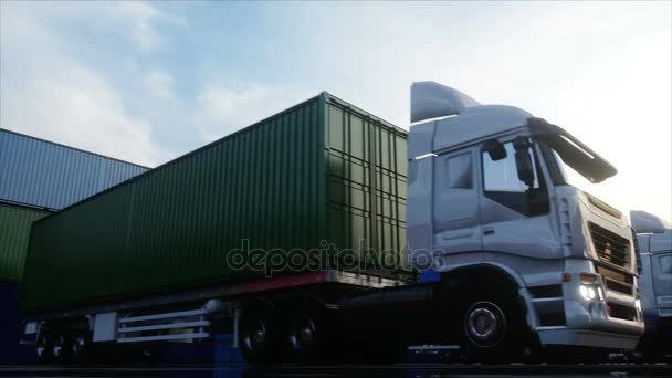 Camión en depósito de contenedores, embarcadero, puerto. Contenedores de carga. Concepto logístico y empresarial. Animación realista 4k . — Vídeo de stock