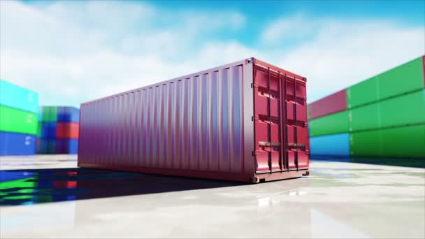 Container in depot, wharehouse, zeehaven. Cargo containers. Logistieke en business concept. Realistische 4 k-animatie. — Stockvideo
