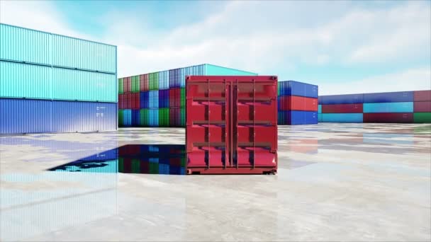 Container in depot, wharehouse, seaport. Cargo containers. Logistic and business concept. Realistic 4k animation. — Stock Video
