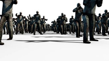 Büyük bir kalabalık zombi. Kıyamet, Cadılar Bayramı kavramı. beyaz izole et. 3D render.
