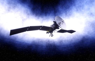 Uzayda uydu. görünümü. Güneş doğuyor. 3D render.