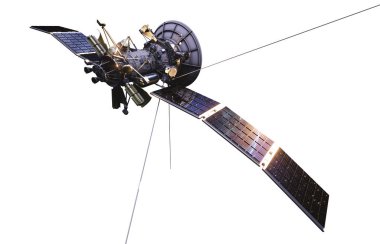 Uzayda uydu. Beyaz izole et. 3D render.