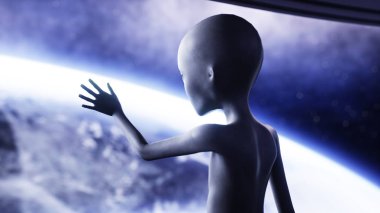 Fütüristik odasında uzaylı. el ile dünya gezegen uzanarak. UFO fütüristik konsept. 3D render.
