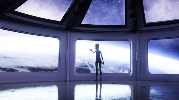 Αλλοδαπός στο φουτουριστικό δωμάτιο. χέρι, φθάνοντας έξω με τον πλανήτη γη. UFO φουτουριστικό έννοια. 3D rendering. — Φωτογραφία Αρχείου
