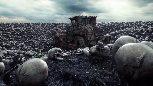 Gamla bulldozer och högen av skallar. Apocalypse och helvetet koncept. Realistiska filmiska 4k animation. — Stockvideo