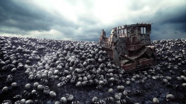 Eski buldozer ve kafatasları yığını. Kıyamet ve cehennem kavramı. 3D render.