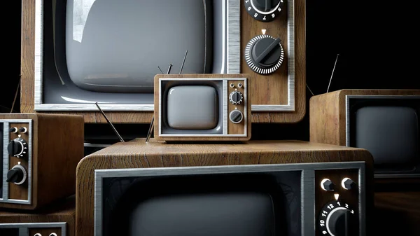 成堆的复古，古董电视在黑暗的房间里。3d 渲染. — 图库照片