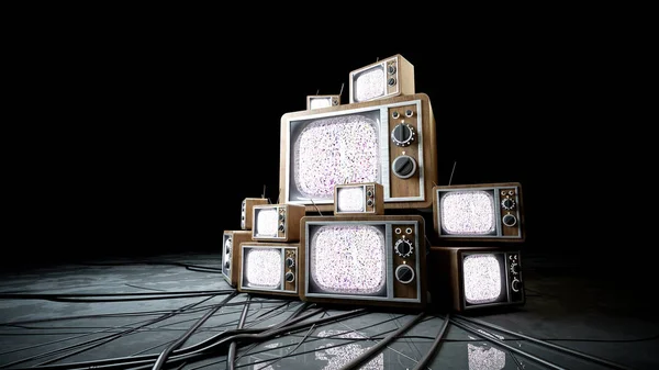 Hoopjes van retro, antiek tv in donkere kamer. 3D-rendering. — Stockfoto