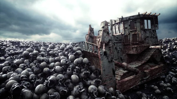Gamla bulldozer och högen av skallar. Apocalypse och helvetet koncept. 3D-rendering. — Stockfoto