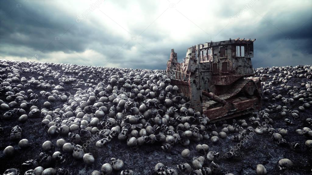 Old bulldozer and pile of skulls. Apocalypse and hell concept. 3d rendering.