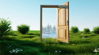 Açık bir kapı ile uçuş. Portal bir kış yaz, mevsim konsept değişikliği için. Geçiş. Gerçekçi 4 k animasyon.
