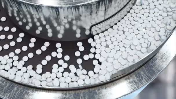 Processen för produktion av piller, tabletter. Industriella farmaceutiska koncept. Fabriksutrustning och maskin. Stål. Realistisk 4 k animation. — Stockvideo