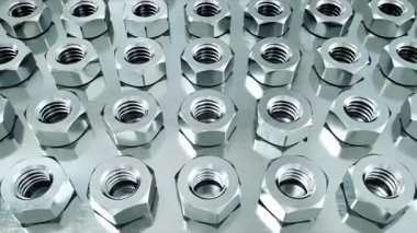 somun, vida arka plan. Endüstriyel kavramı. Fabrika ekipmanları. Çelik. Gerçekçi 4 k animasyon.