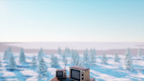 Heap of retro, antique tv on the winter, snow landscape. Realistic 4k animation. — Stock Video