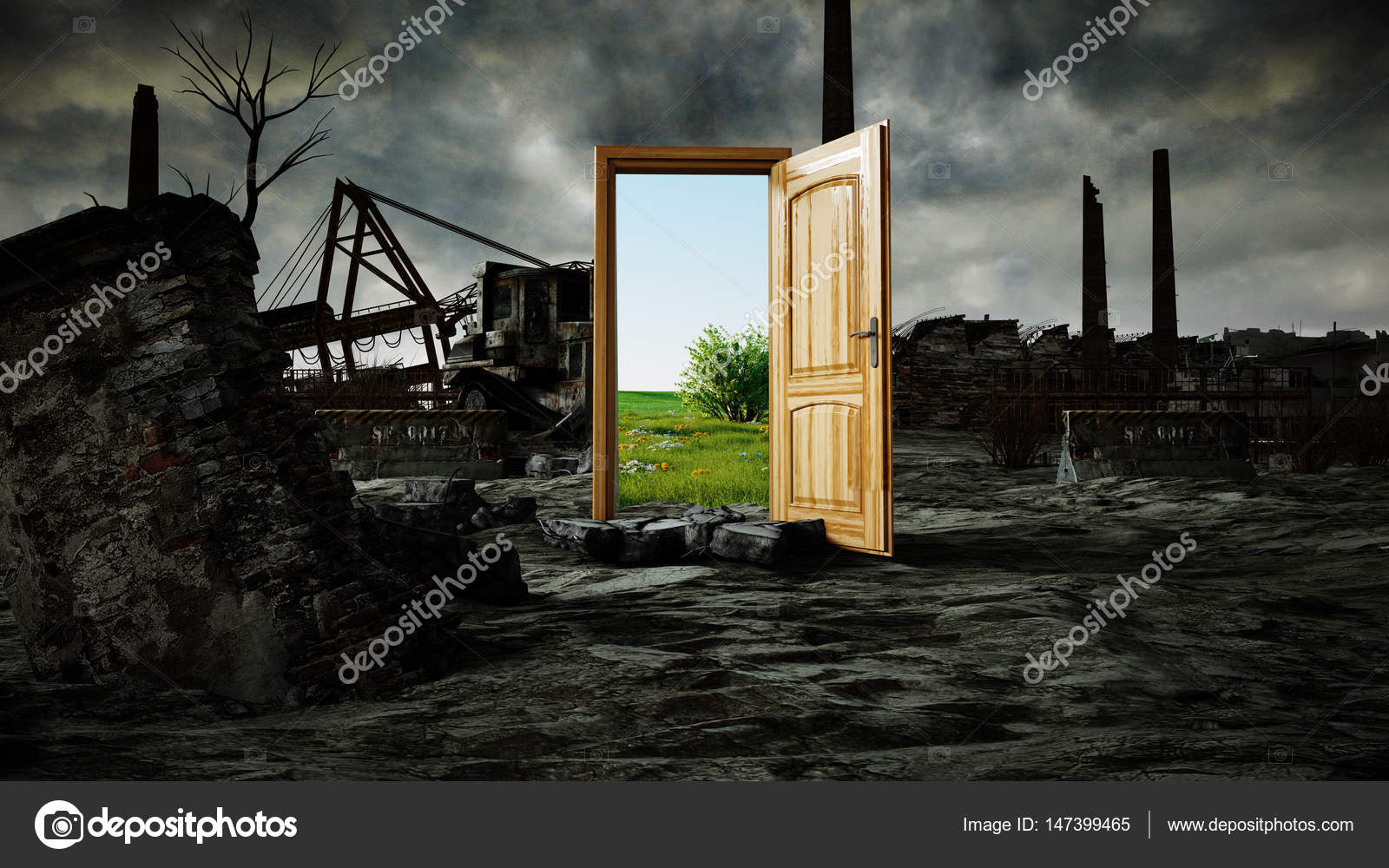 angreb storm entreprenør Opened door. A portal between nature and ecological catastrophe,  apocalypse. 3d rendering. Stock Photo by ©chagpg 147399465