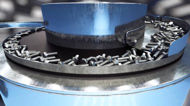 Cıvata üretim süreci. Endüstriyel kavramı. Fabrika ekipmanları ve macine. Çelik. 3D render.