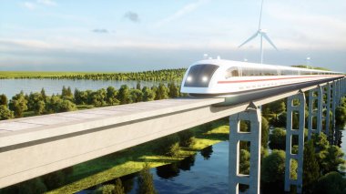 Mono raylı geçen fütüristik, modern Maglev treni. Ekolojik gelecekteki kavramı. Hava doğa görünümü. 3D render.