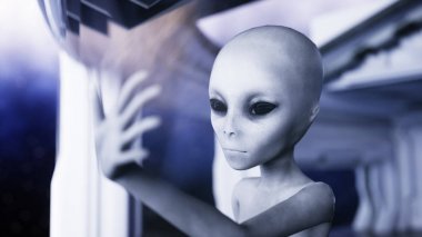 Fütüristik odasında uzaylı. el ile dünya gezegen uzanarak. UFO fütüristik konsept. 3D render.