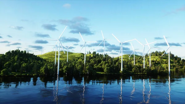 Turbina eólica. paisaje monderfull. Concepto ecológico. renderizado 3d . —  Fotos de Stock