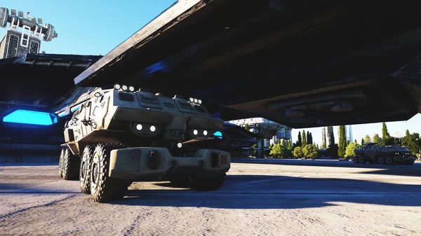 Sci fi gép, értesítés jármű egy futurisztikus városban város. A fogalom a jövő. 3D-leképezés. — Stock Fotó