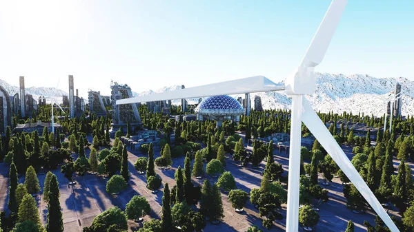 Futurisztikus város, város. Építészet a jövő. Légifelvételek. 3D-leképezés. — Stock Fotó