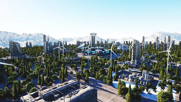 Framtidsstaden, stad. Arkitekturen i framtiden. Flygfoto. 3D-rendering. — Stockfoto