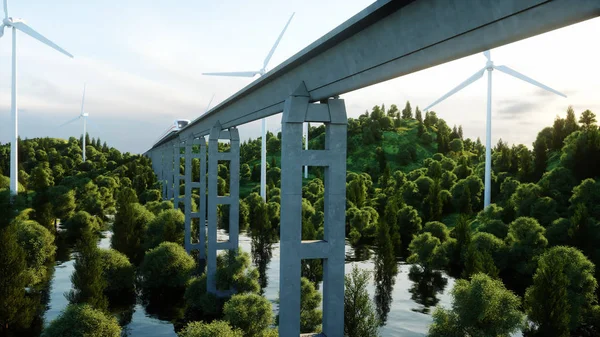 Futurista, moderno tren Maglev pasando en monorriel. Concepto de futuro ecológico. Vista aérea de la naturaleza. renderizado 3d . — Foto de Stock