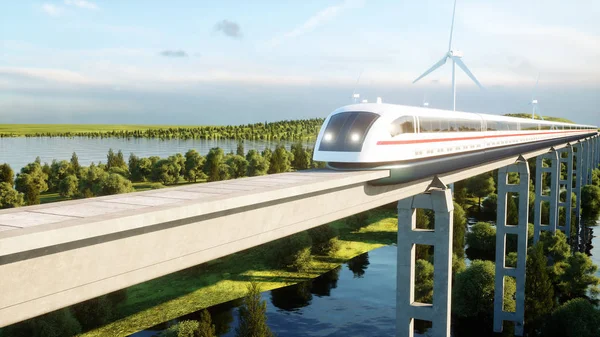 Futurista, moderno tren Maglev pasando en monorriel. Concepto de futuro ecológico. Vista aérea de la naturaleza. renderizado 3d . —  Fotos de Stock