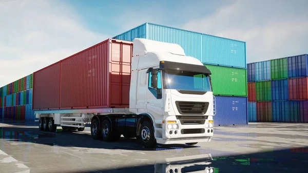 Vrachtwagen in containerdepot, warenhuis, zeehaven. Vrachtcontainers. Logistiek en zakelijk concept. 3d destructie. — Stockfoto