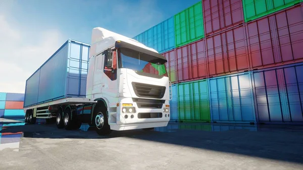 Camion in deposito container, magazzino, porto marittimo. Contenitori da carico. Concetto logistico e di business. rendering 3d. — Foto Stock