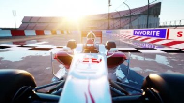 Formula 1 yarış otomobil yarışçısı. Irk ve motivasyon kavramı. Harika gün batımı. Gerçekçi 4 k animasyon.