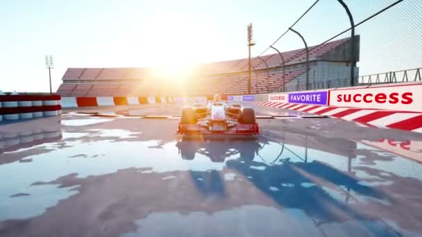 포뮬러 1 경주용 자동차에서의 경주 레이스와 동기 부여 개념입니다. Wonderfull 일몰입니다. 현실적인 4 k 애니메이션. — 비디오