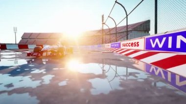 Formula 1 yarış otomobil yarışçısı. Irk ve motivasyon kavramı. Harika gün batımı. Gerçekçi 4 k animasyon.