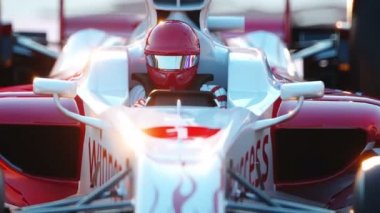 Formula 1 yarış otomobil yarışçısı. Irk ve motivasyon kavramı. Harika gün batımı. Gerçekçi 4 k animasyon.