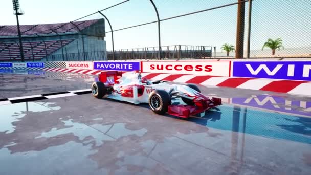 Pilota di Formula 1 in un'auto da corsa. Concetto di razza e motivazione. Splendido tramonto. Animazione realistica 4k . — Video Stock